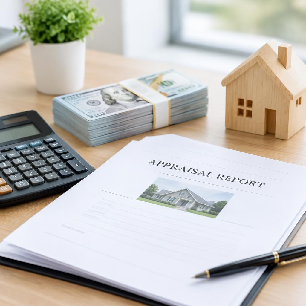 Appraisal report, calculator, and cash beside a small wooden model house