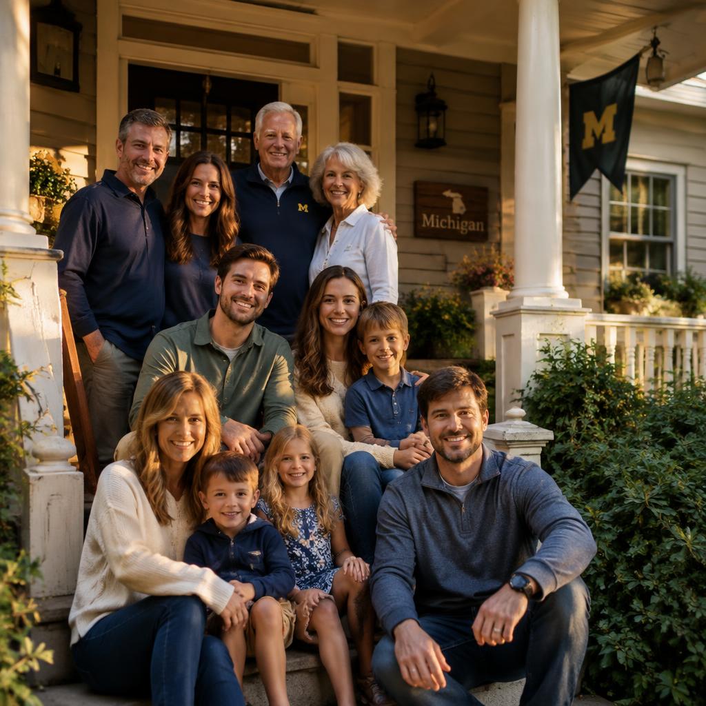 Multi-generational family gathered on the front porch of their Michigan family home