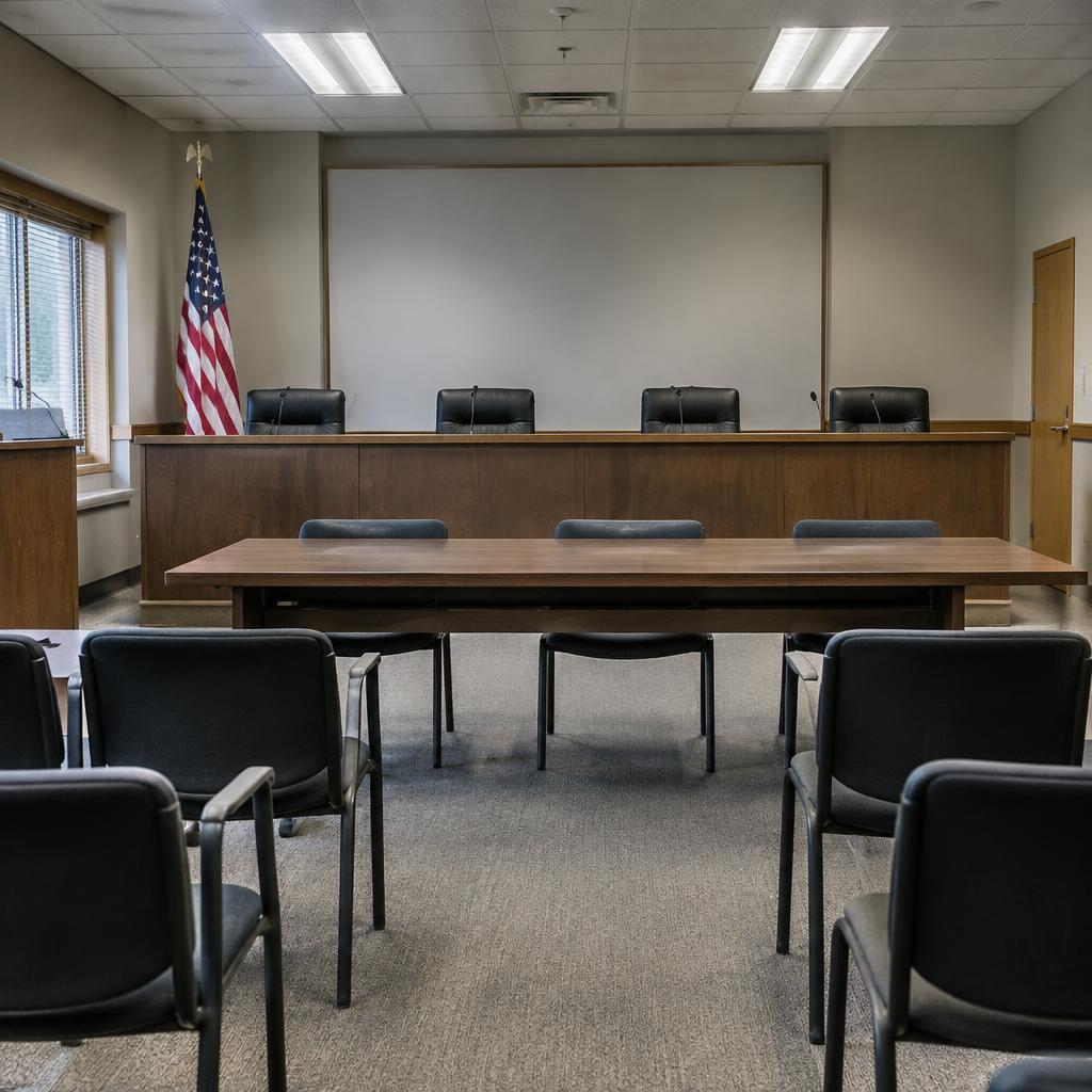 Empty township board of review hearing room with a panel table and American flag
