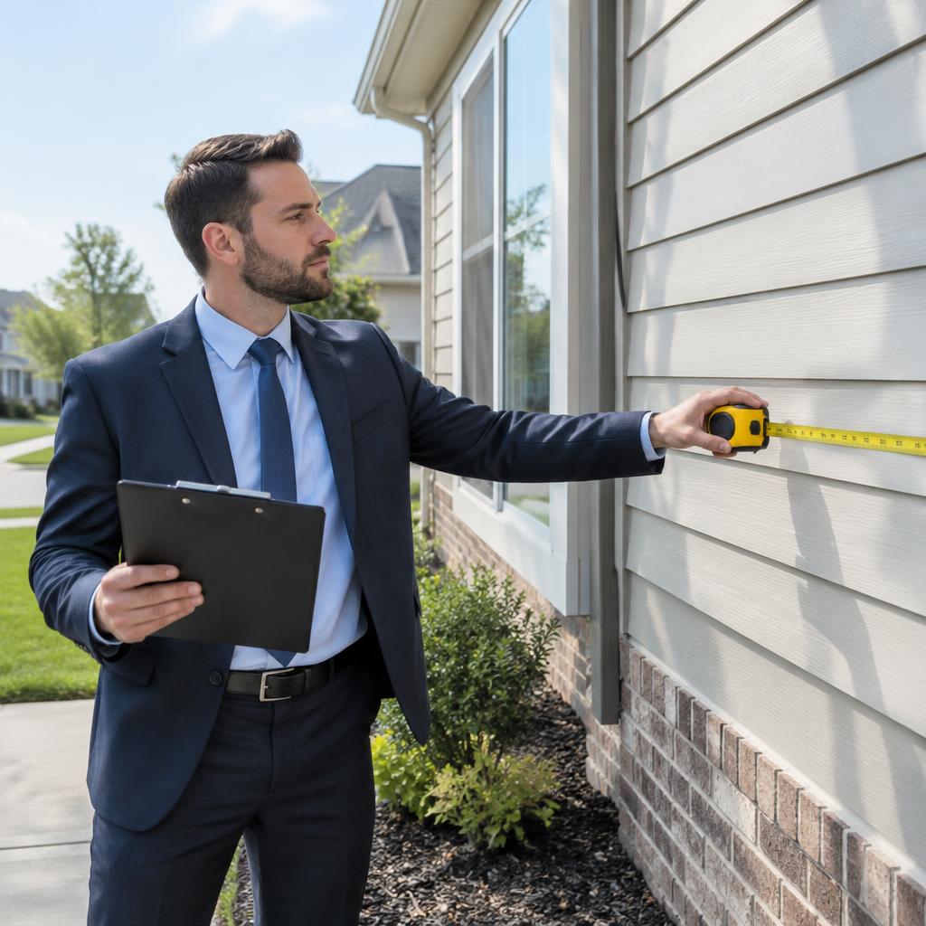 Licensed appraiser measuring the exterior of a Michigan suburban home