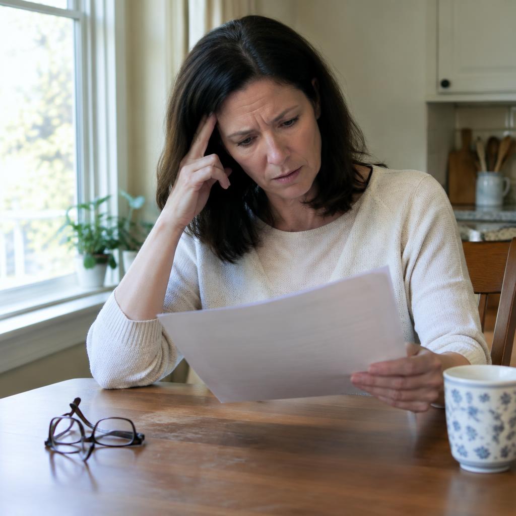Homeowner reading a property tax assessment notice at her kitchen table