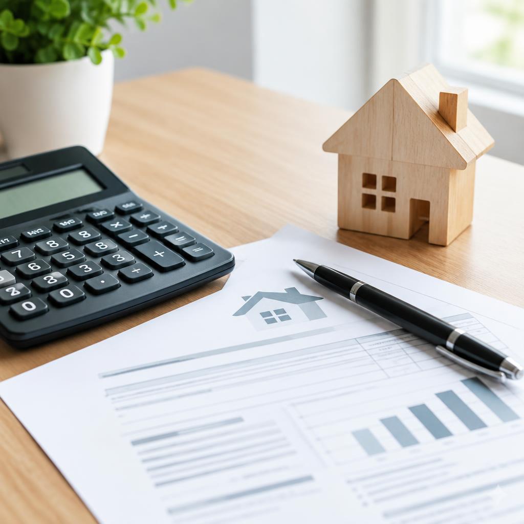 Calculator, pen, and tax document beside a small wooden model house
