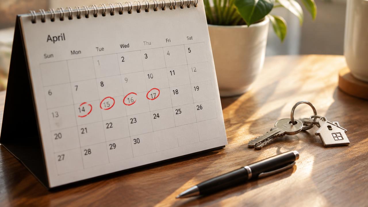 Desk calendar with days circled next to house keys before a Michigan closing