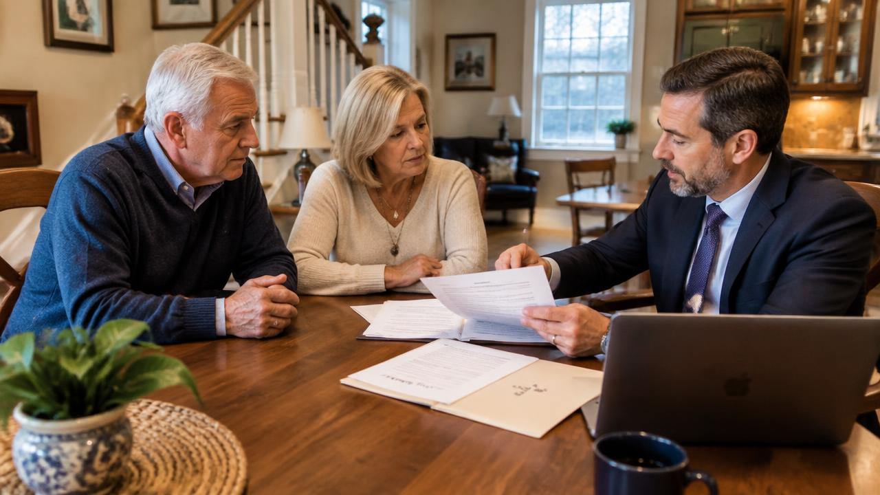 Senior couple reviewing living trust documents with an estate attorney at their kitchen table