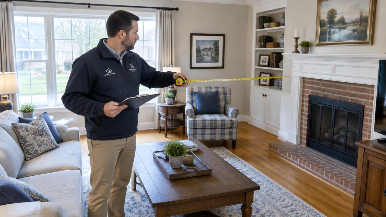 Licensed appraiser measuring the living room of an Oakland County home
