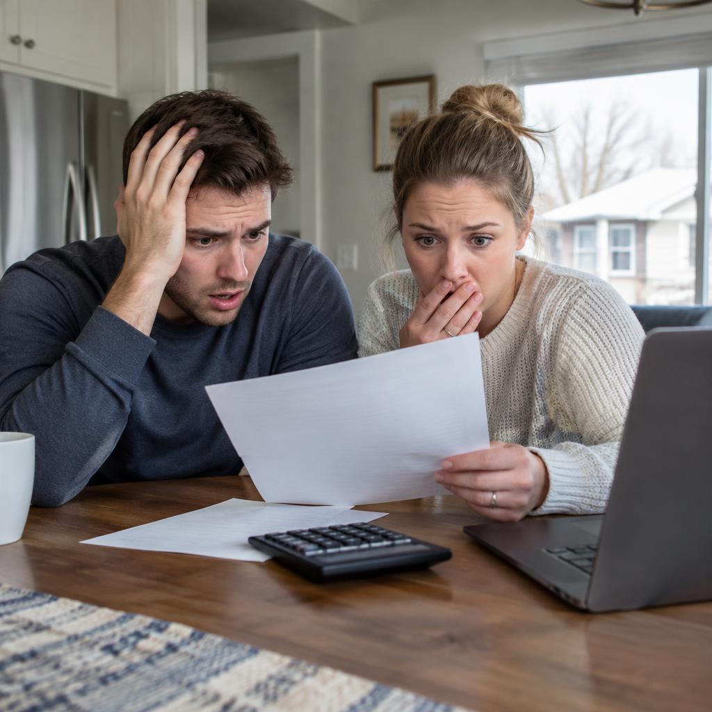 Shocked young couple reading a property tax assessment letter at their kitchen table