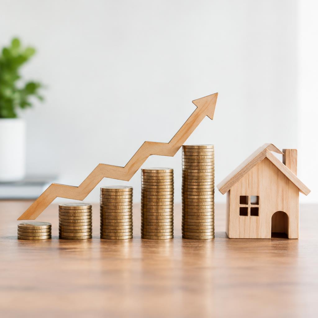Rising stacks of coins with an upward arrow beside a wooden model house