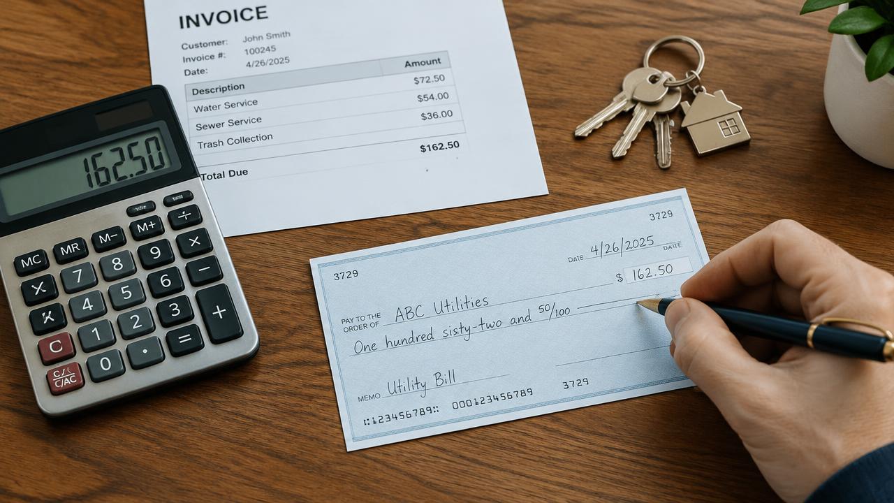 Writing a check beside a calculator and invoice to pay a household fee